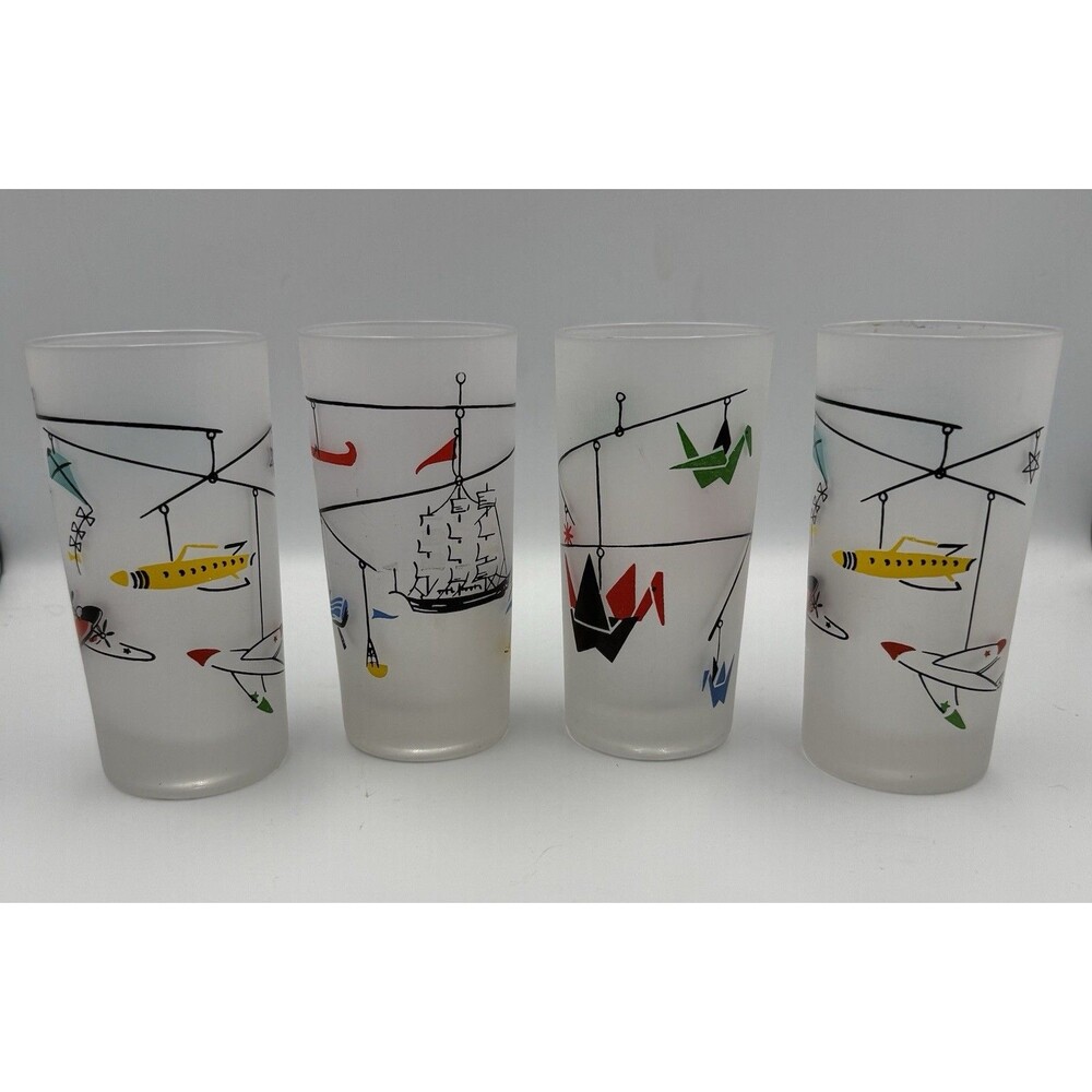 1950s LIBBEY FROSTED HIGHBALL GLASSES PLANES, BOATS, FISH, ORIGAMI MOBILE  Set 4